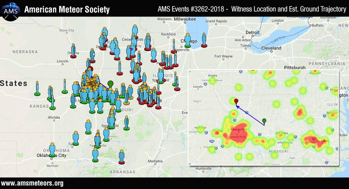 More than 200 people reported seeing a fireball over Missouri Monday evening. This map shows where the reports of the sighting came from.