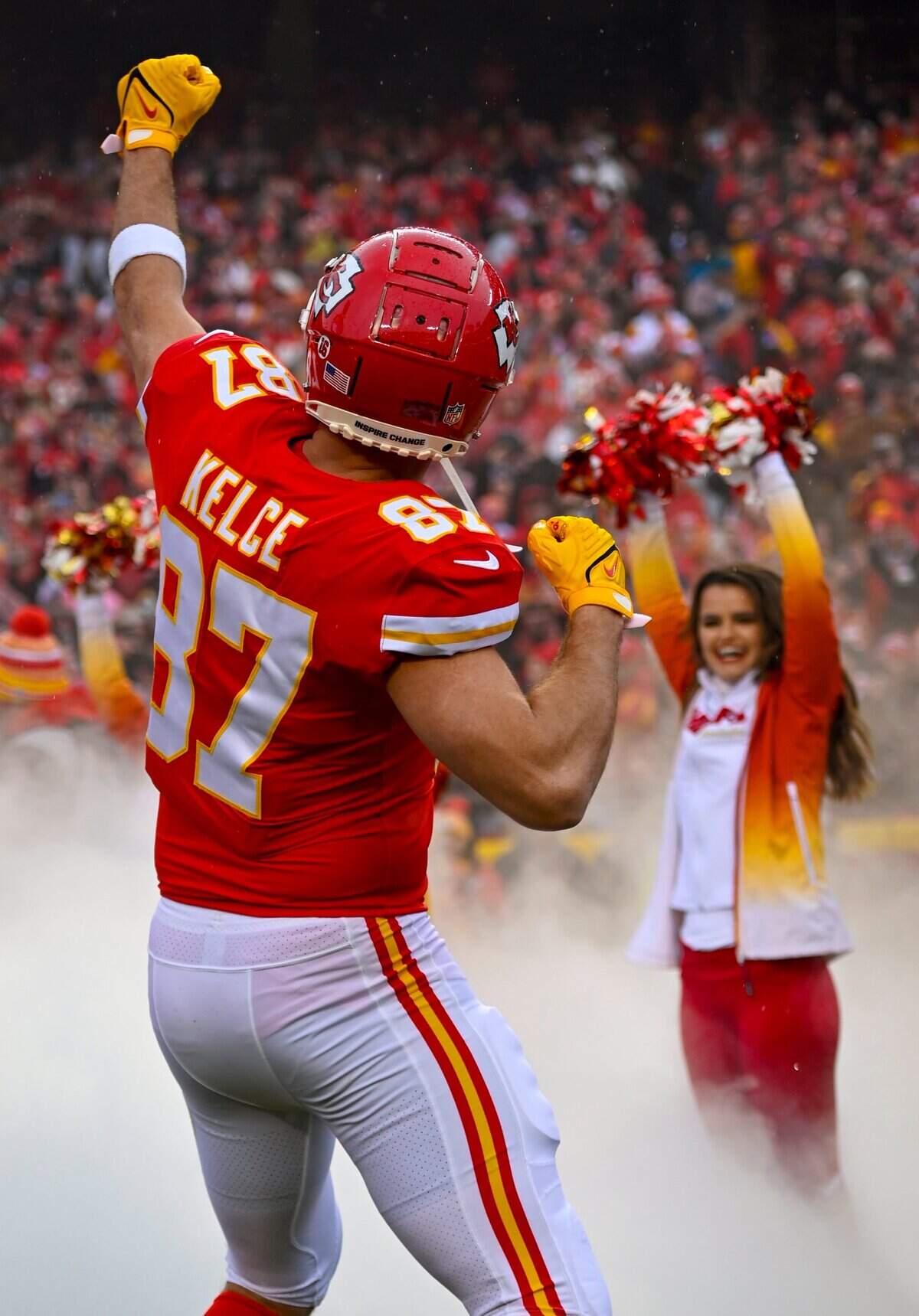 Travis Kelce is introduced before the start of the Divisional Round game against the Jacksonville Jaguars on Jan. 21, 2023, at Arrowhead Stadium.