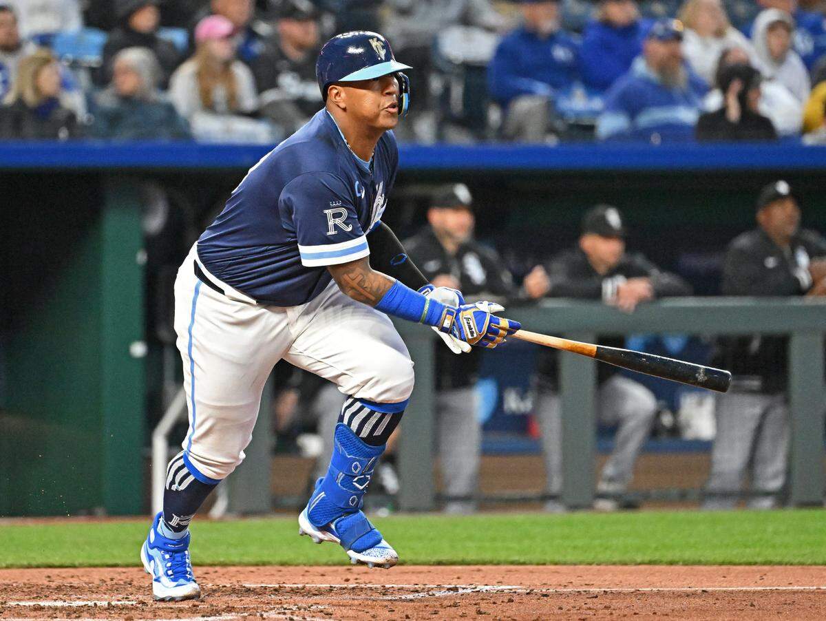 Kansas City Royals catcher Salvador Perez (13) singles in the sixth inning against the Chicago White Sox at Kauffman Stadium on April 5, 2024.