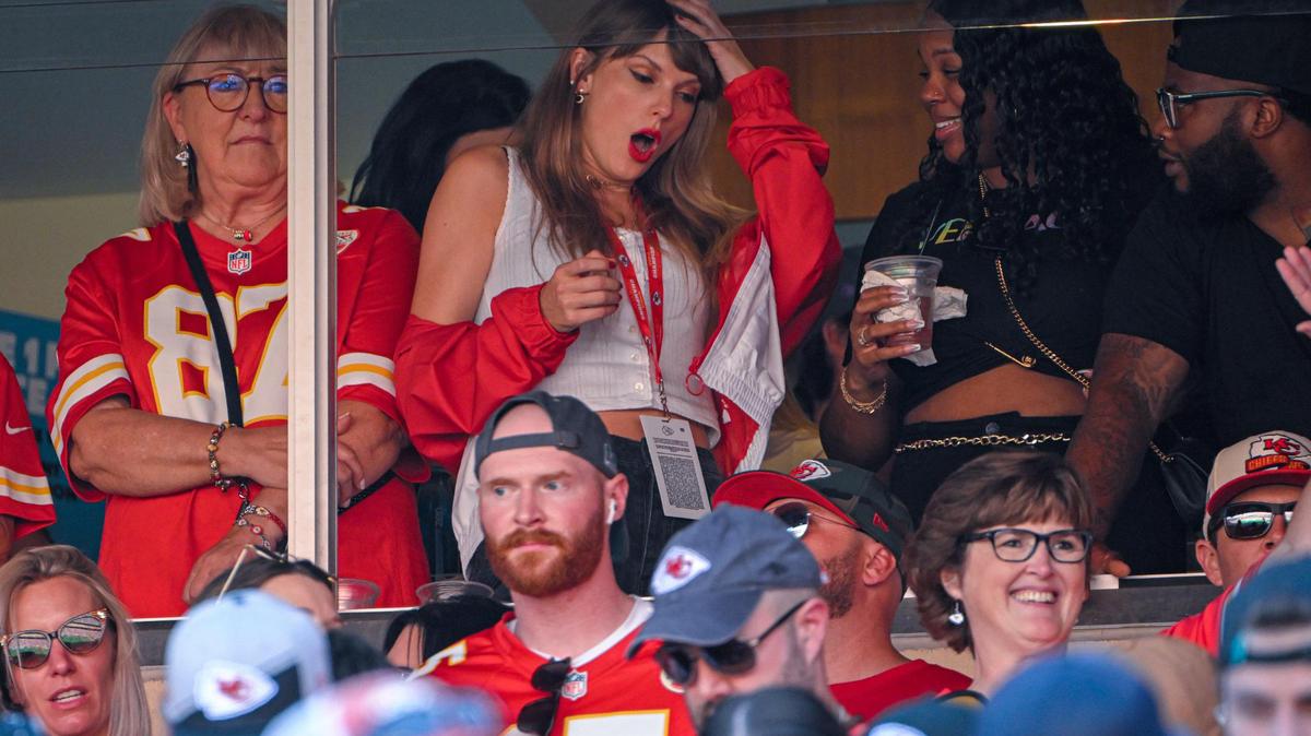 Singer Taylor Swift watches the Kansas City Chiefs take on the Chicago with the mother of Kansas City tight end Travis Kelce, Donna Kelce, Sunday, Sept. 24, 2023, at GEHA Field at Arrowhead Stadium.