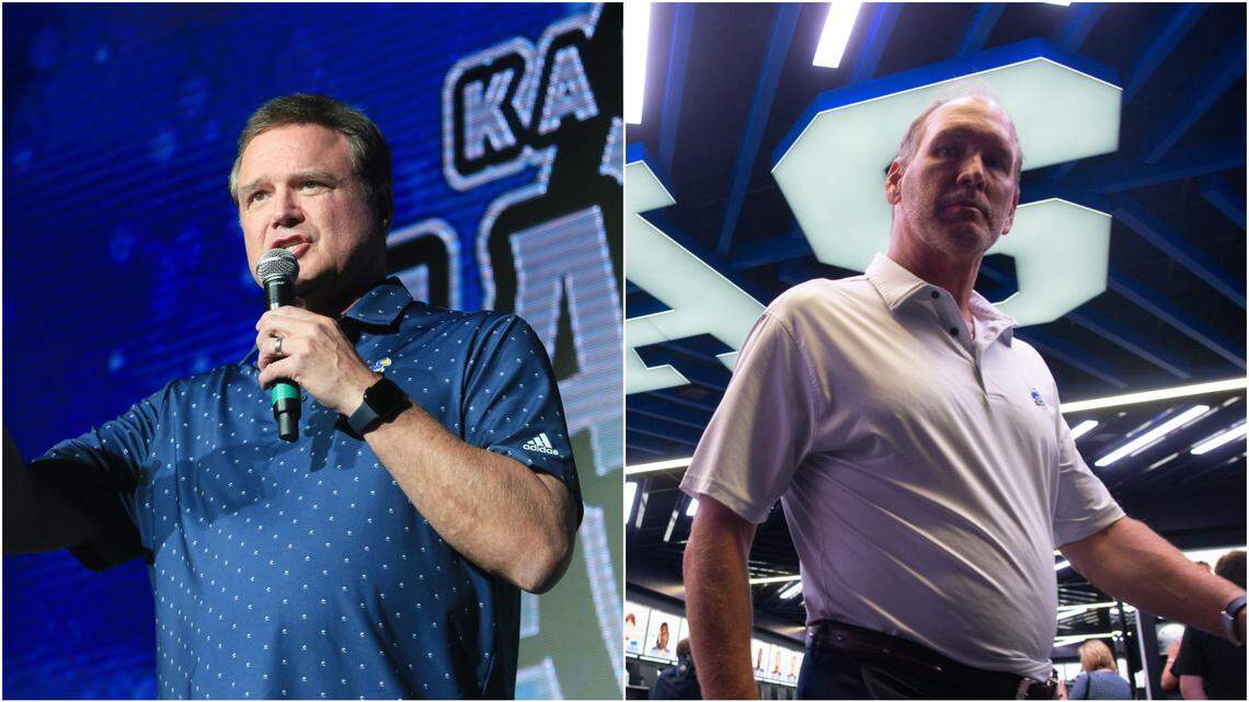 It’s a big weekend for KU basketball coach Bill Self (left) and football coach Lance Leipold (right). The Jayhawks will have several top hoops recruits on campus, while the football team begins its season Friday night.