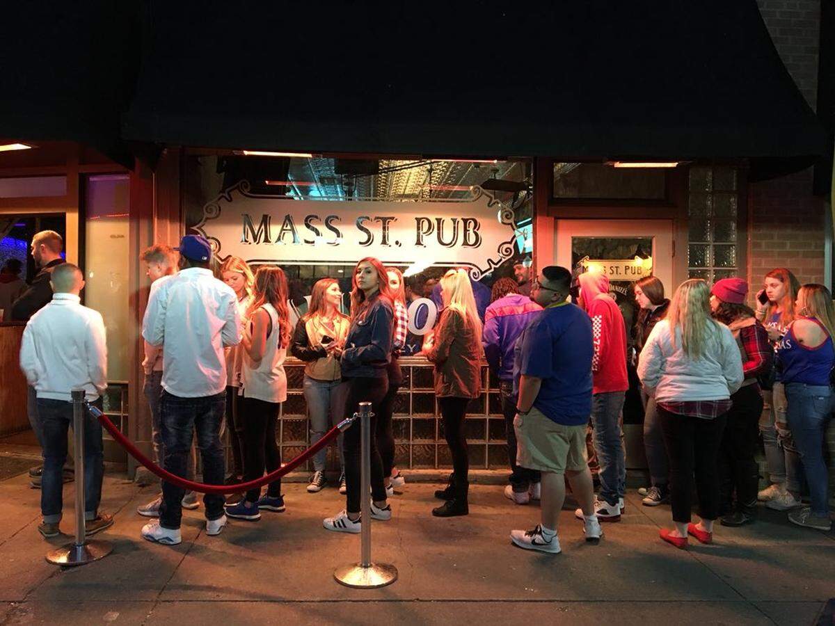 Jayhawk fans line up to cheer their team in the Final Four on March 31 in Lawrence.