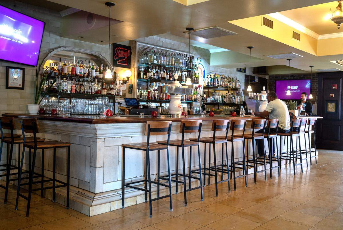 The bar at Grünauer, which serves authentic Austrian and Central European cuisine in Kansas City's Freight House District, on Friday, May 15, 2026. 