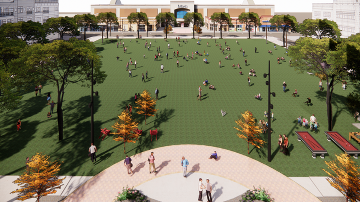 This rendering shows plans for new green space at Zona Rosa Town Center in Kansas City’s Northland. The outdoor shopping center will demolish a building south of the Dillard’s department store as part of a wider redevelopment effort.