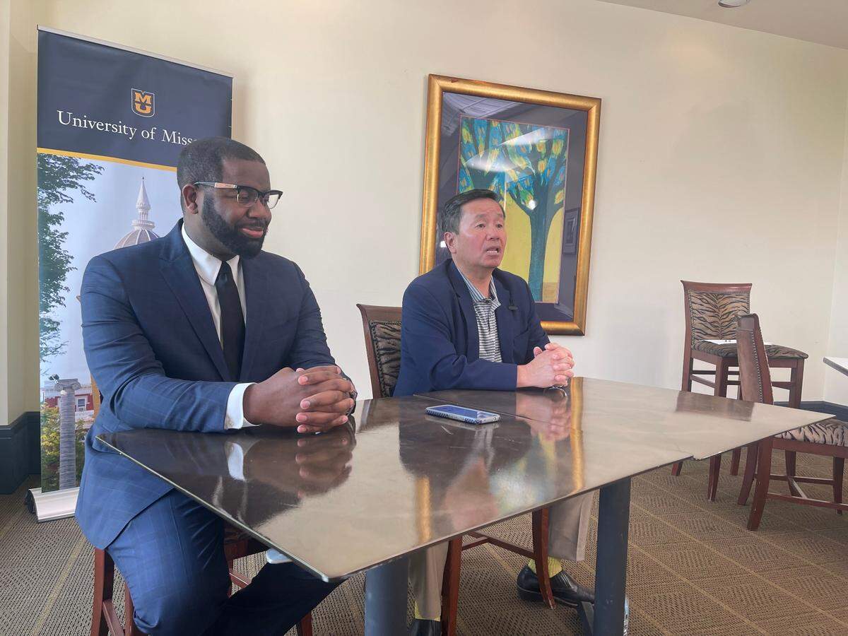 Maurice Gipson, the University of Missouri-Columbia’s vice chancellor of its Division of Inclusion, Diversity, and Equity, (left) and University of Missouri System President Mun Choi spoke with reporters about the reorganization of the diversity office.