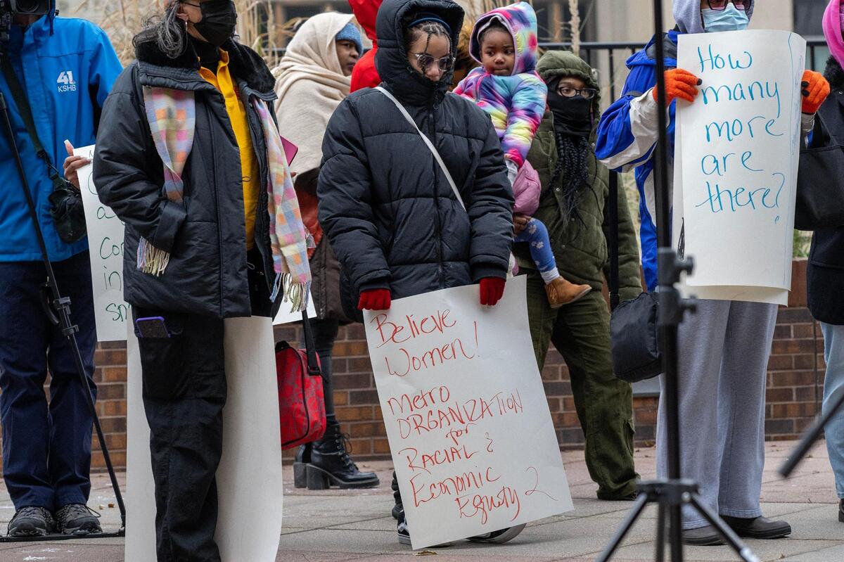 People gathered in solidarity calling for justice for the victims in the Roger Golubski case outside the Frank Carlson Federal Building in Topeka on Dec. 2, 2024.