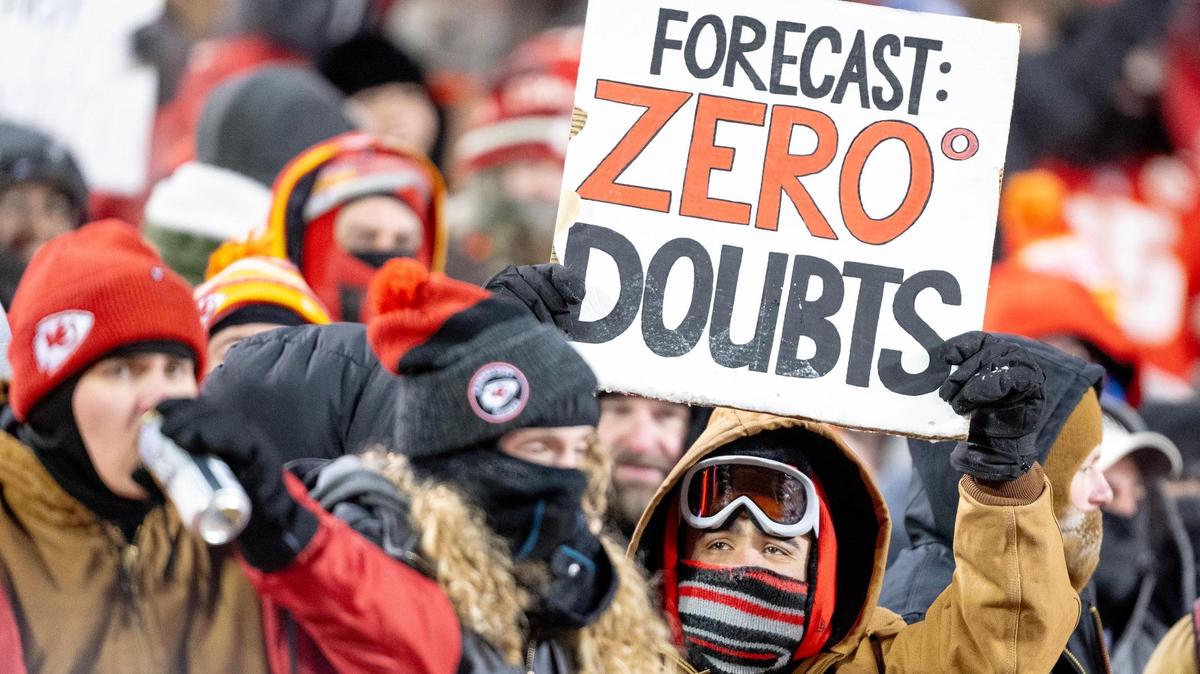 A Kansas City Chiefs fan holds up a sign during the coldest-ever game at Arrowhead Stadium in an AFC Wild Card game on Saturday, Jan. 13, 2024, in Kansas City.