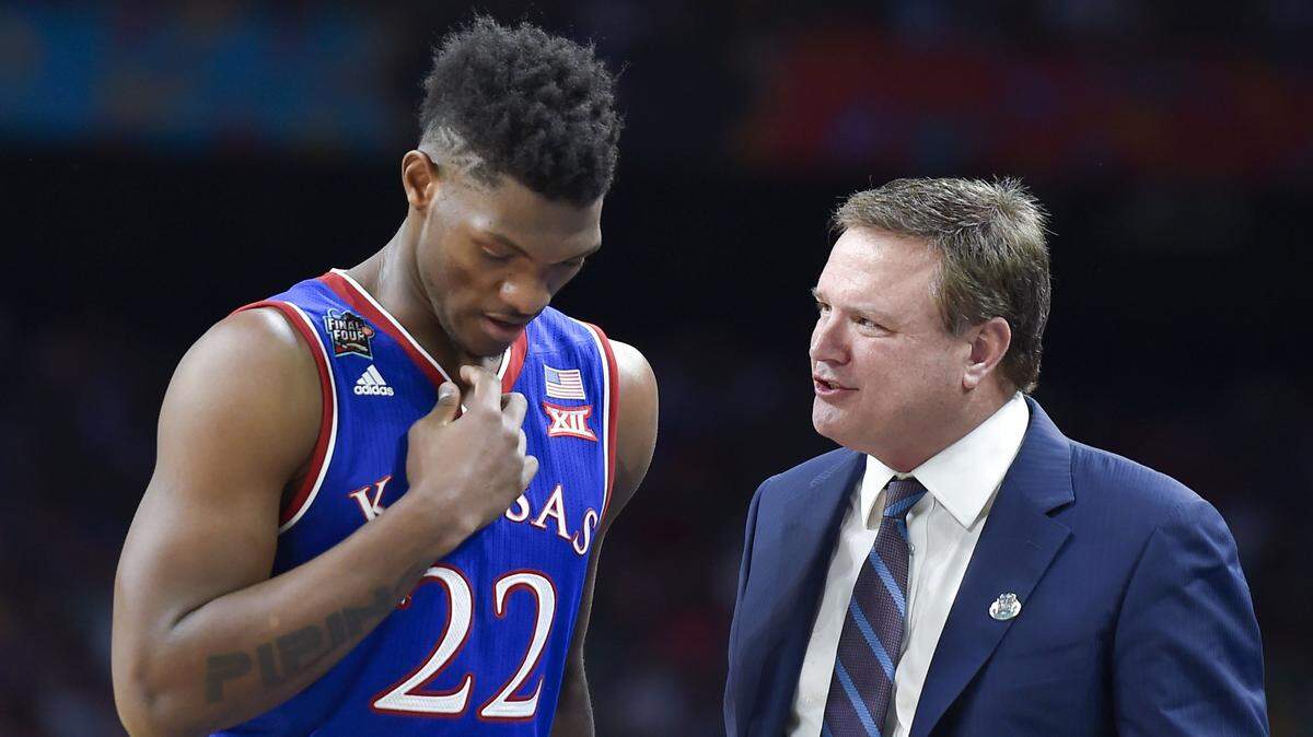 Kansas coach Bill Self (right) and Jayhawks forward Silvio De Sousa during this year's Final Four in San Antonio.