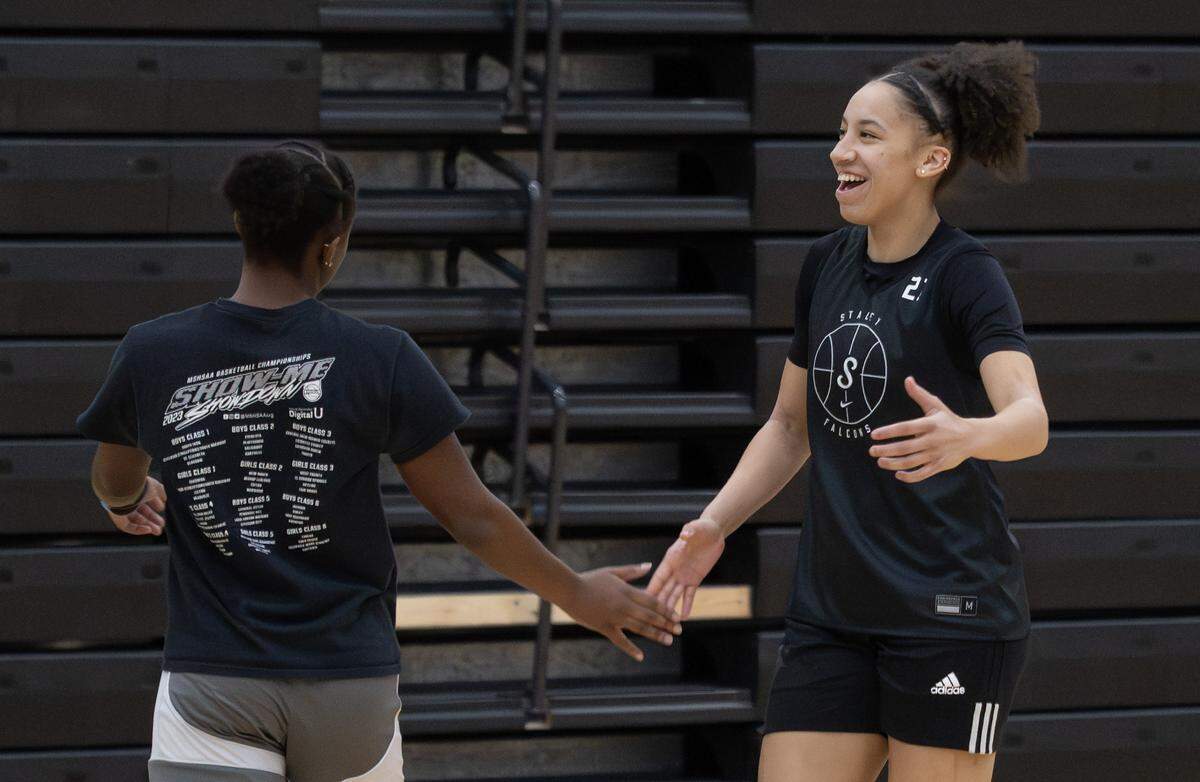 Londyn Parker and Ava Miles shake hands during basketball practice at Staley on Thursday, Jan. 22, 2026.