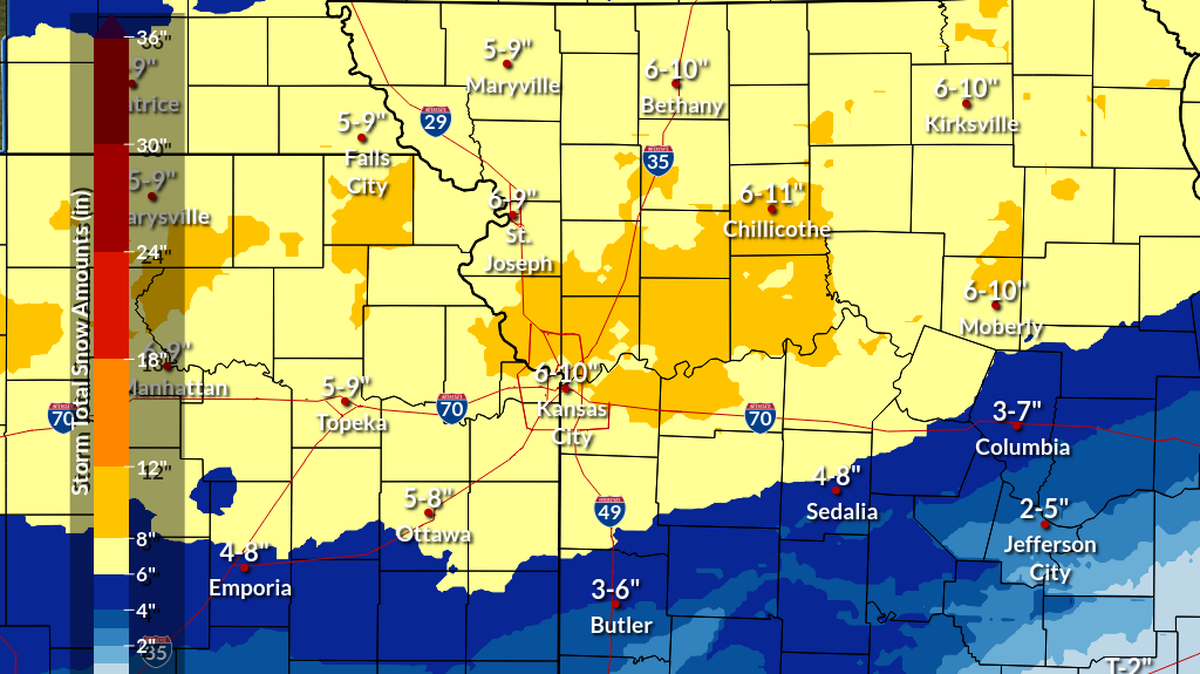 A winter storm is expected to dump between 5 and 10 inches of snow Wednesday in the Kansas City area, according to the latest forecast from the National Weather Service. People are urged not to drive if they don’t have to as the heaviest snow will fall between mid-morning and afternoon.