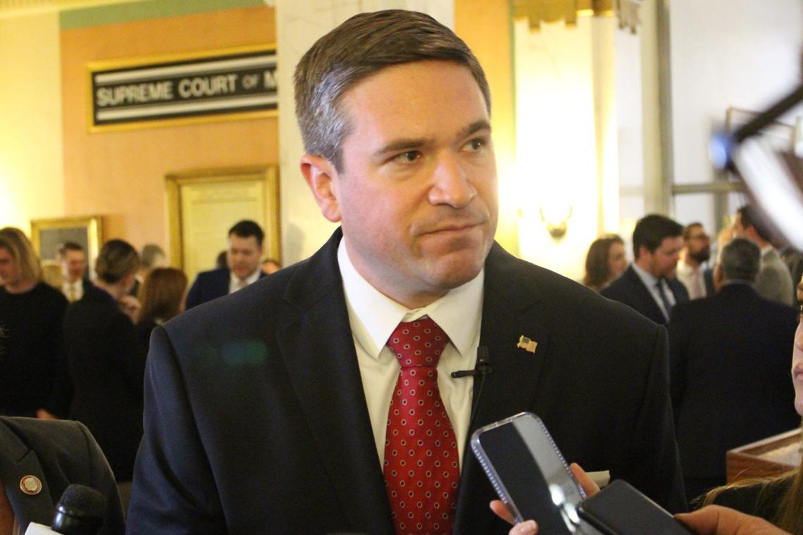 Missouri Attorney General Andrew Bailey speaks to reporters after being sworn into office on Jan. 3 at the Missouri Supreme Court in Jefferson City.