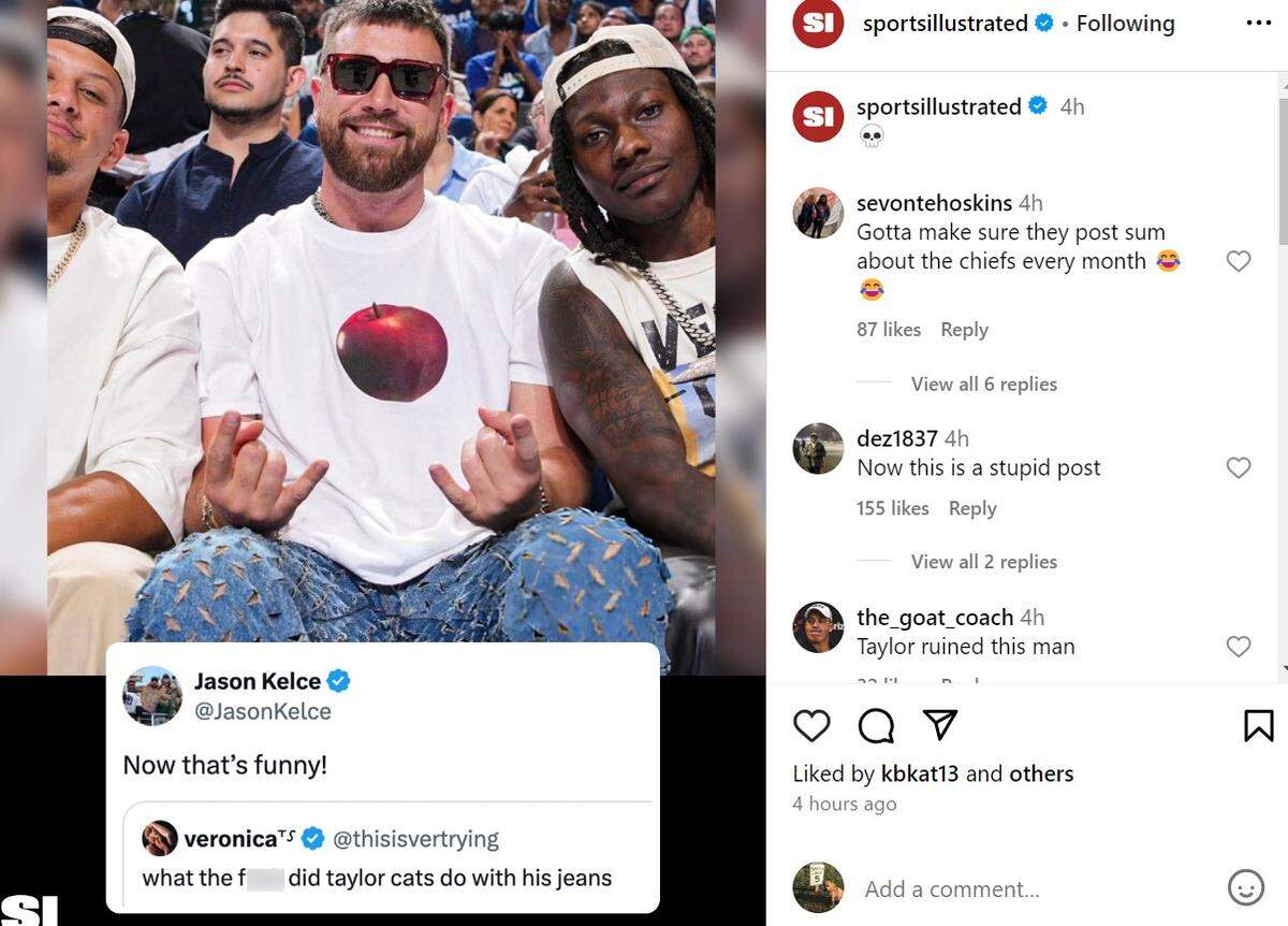 Sports Illustrated shared a look at Jason Kelce’s reaction to a fan’s comment about Travis’ pants.