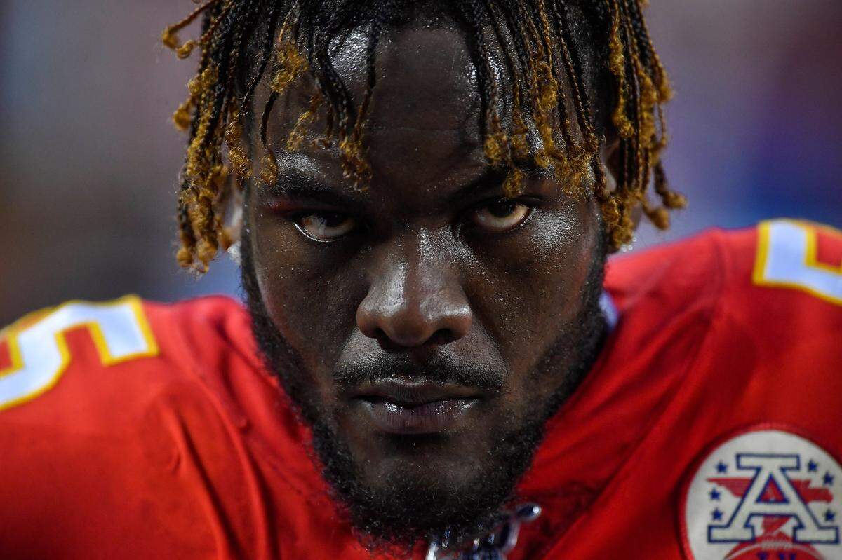 Kansas City Chiefs defensive end Frank Clark waited to get back on the field to take on the Texans.