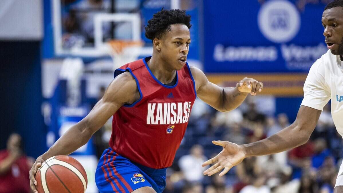 Kansas basketball freshman Elmarko Jackson dribbles against the Bahamas National Team during an exhibition game in Puerto Rico on Aug. 5, 2023.