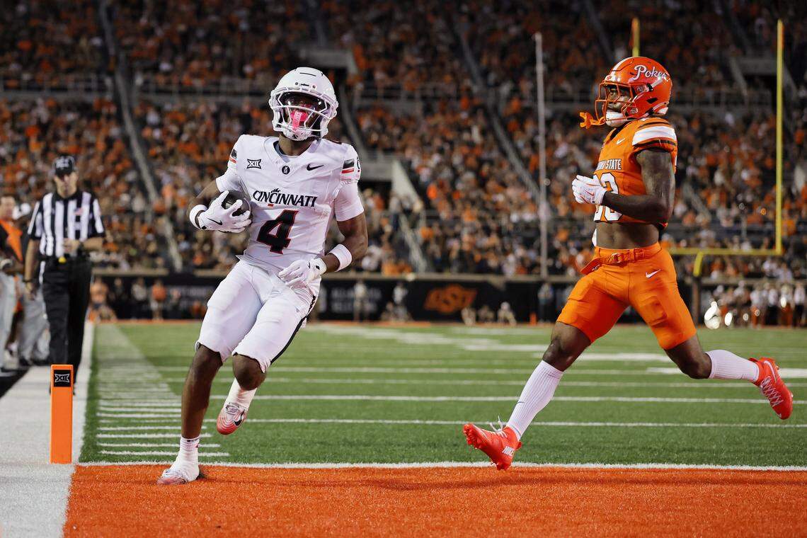 Cincinnati wide receiver Cyrus Allen, selected by the Kansas City Chiefs in Round 5 of the 2026 NFL Draft on Saturday, April 25, 2026, scores a touchdown against Oklahoma State on Oct. 18, 2025 in Stillwater, Okla.