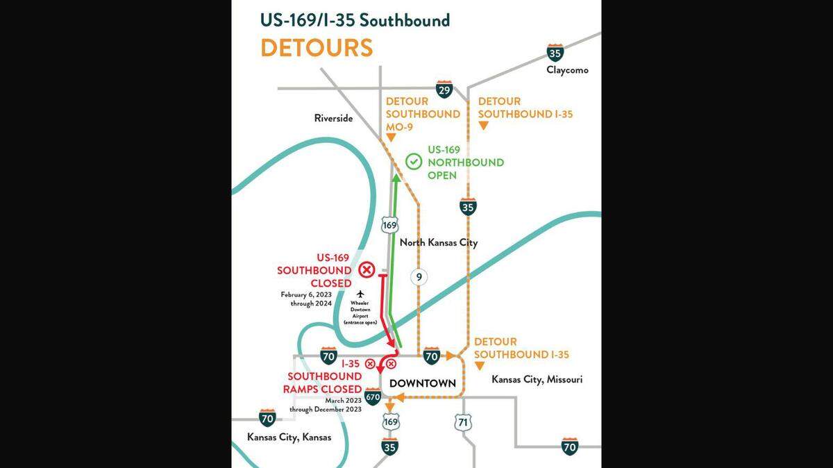Drivers need to find a new way to get over the Missouri River when coming from Kansas City’s northland if they typically take the Buck O’Neil Bridge. Beginning no later than Monday morning’s rush hour, the southbound lanes of U.S. 169 will be closed from the Wheeler Downtown Airport to Fifth Street. Above is the recommended detour.
