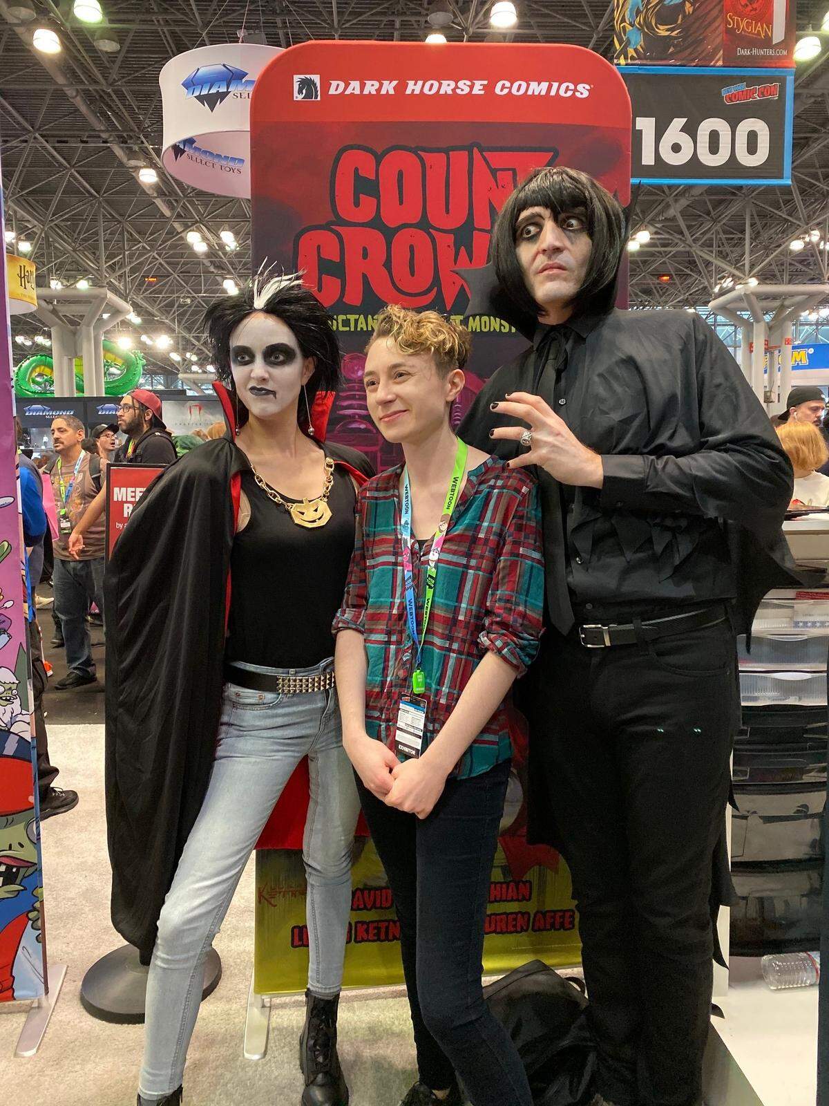 David Dastmalchian, as Dr. Fearless, attended New York Comic Con in early October with his wife, Eve, left, dressed as his comic book’s lead character, and Lauren Affe, the comic’s colorist.