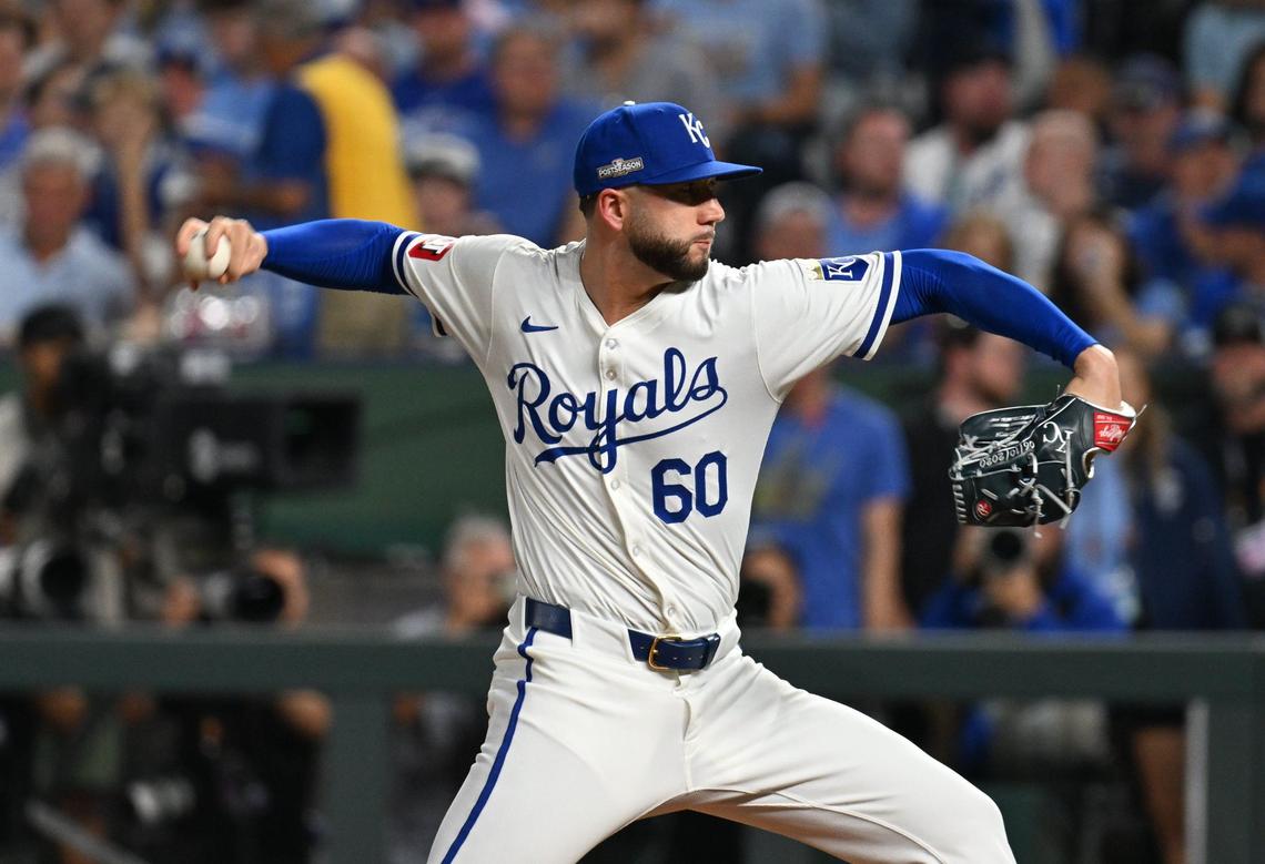 Kansas City Royals pitcher Lucas Erceg (60) throws in the 5th inning during Game 4 of the American League Division Series on Thursday, Oct. 10, 2024, at Kauffman Stadium.