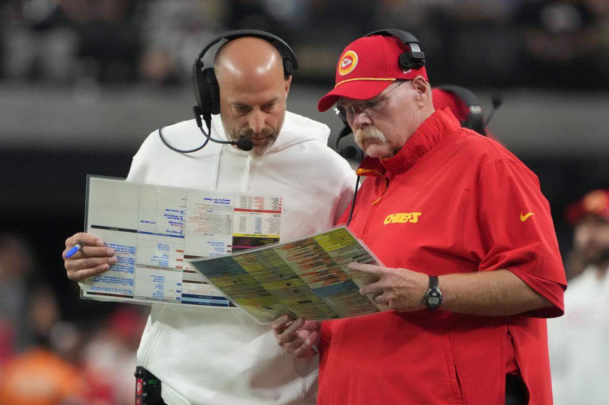 Kansas City Chiefs offensive coordinator Matt Nagy (left) and coach Andy Reid react against the Las Vegas Raiders in the second half at Allegiant Stadium on Oct. 27, 2024.