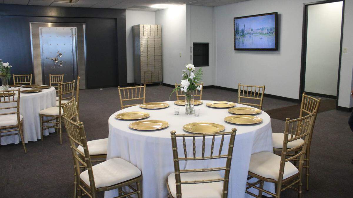 The banquet area of The Mint in Lenexa has a dining space that connects to a bar, housed in the old bank vault.