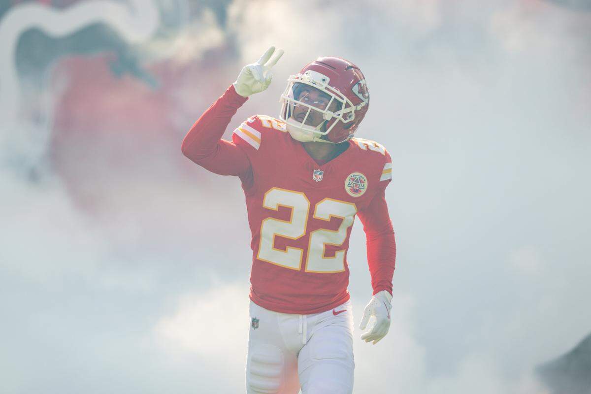 Kansas City Chiefs cornerback Trent McDuffie (22) enters the field during pregame of the Chiefs game vs. the Indianapolis Colts on Sunday, November 23, 2025, at GEHA Field at Arrowhead Stadium.