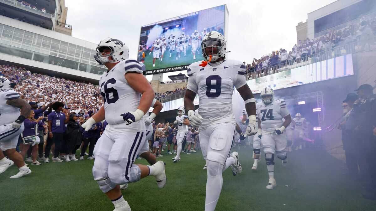 Kansas State Wildcats players emerge before the first half against the North Dakota Fighting Hawks at Bill Snyder Family Stadium on Aug. 30, 2025.