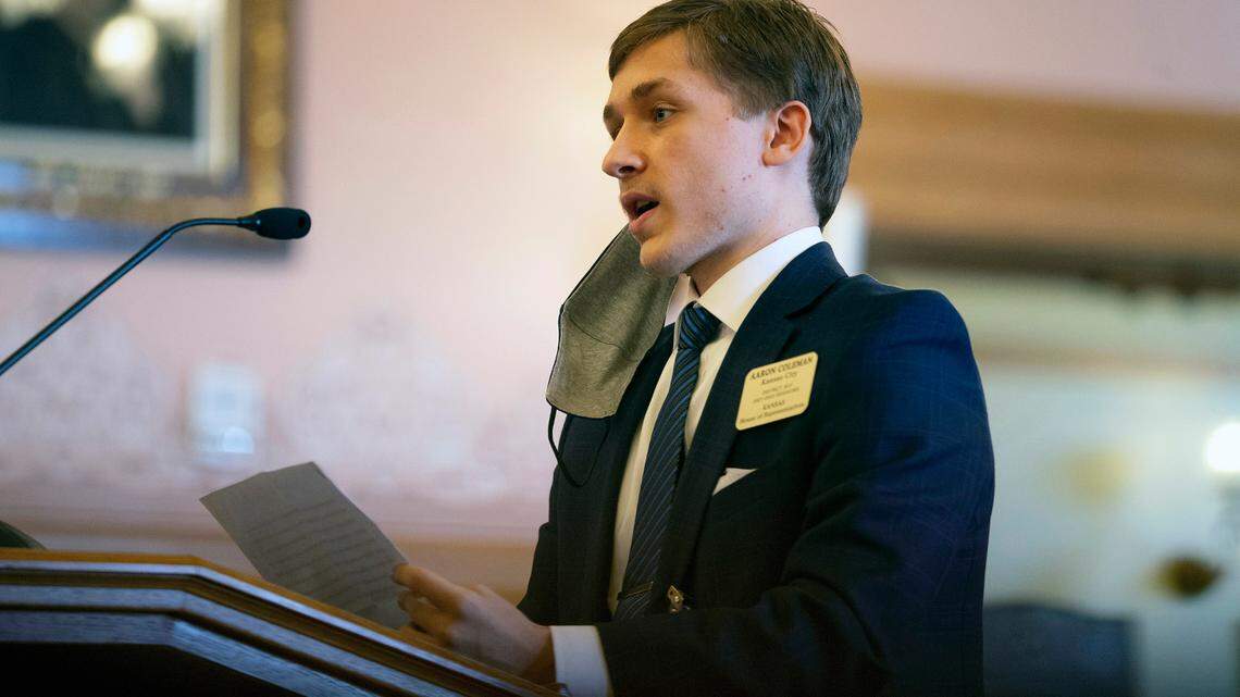 FILE - In this Jan 22, 2021, file photo, Rep. Aaron Coleman, D-Kansas City, speaks at the Kansas Statehouse in Topeka, Kan. Coleman, a first-year Kansas lawmaker has been banned from a state agency’s offices over alleged “disruptive, intimidating and berating behavior,” eight months after receiving a written warning from a legislative committee about his conduct before taking office. It wasn’t clear Monday, Oct. 25, 2021, that Rep. Coleman would face a House investigation into the incident that prompted the Kansas Department of Labor to ban him from its buildings. (Evert Nelson/The Topeka Capital-Journal via AP, File)