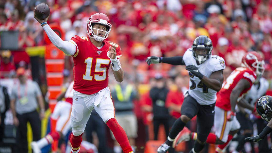 Chiefs quarterback Patrick Mahomes throws a pass during the second quarter against the Baltimore Ravens Sunday.