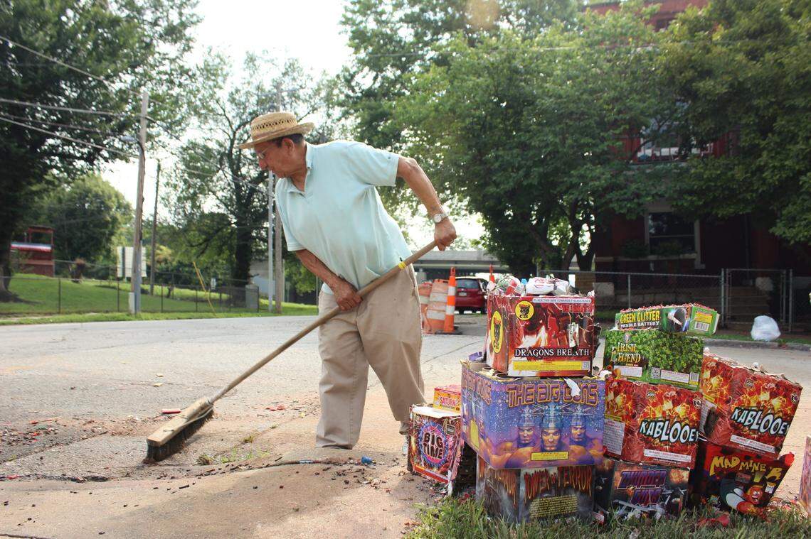 Longtime Westside resident Paul Rojas cleaned up fireworks debris after a celebration in the Westside neighborhood. Rojas, the first Latino elected to state office in Missouri, has lived in the Westside for all 88 years of his life.