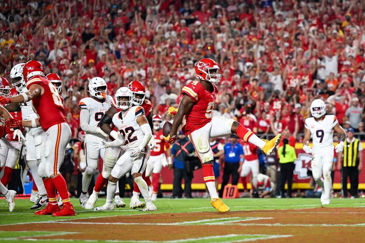 Kansas City Chiefs running back Kenneth Walker III (9) celebrates after scoring a touchdown in the second half of the Kansas City Chiefs vs. Denver Broncos NFL season opener at Arrowhead Stadium in Kansas City on Sept. 14, 2026.