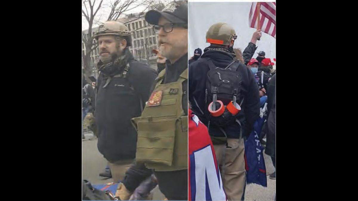 An informant told the FBI that a man identified as Christopher Kuehne of Olathe (left, in photo at left) brought orange reflective tape for KC Proud Boys to wear to identify themselves in the crowd. William Chrestman of Olathe is to the right of Kuehne.