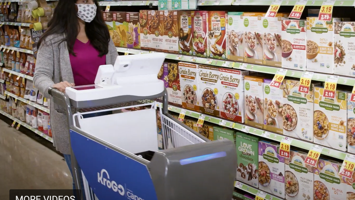 Kroger is testing its new KroGO shopping cart, which allows shoppers to scan items as they browse and pay right at their cart.