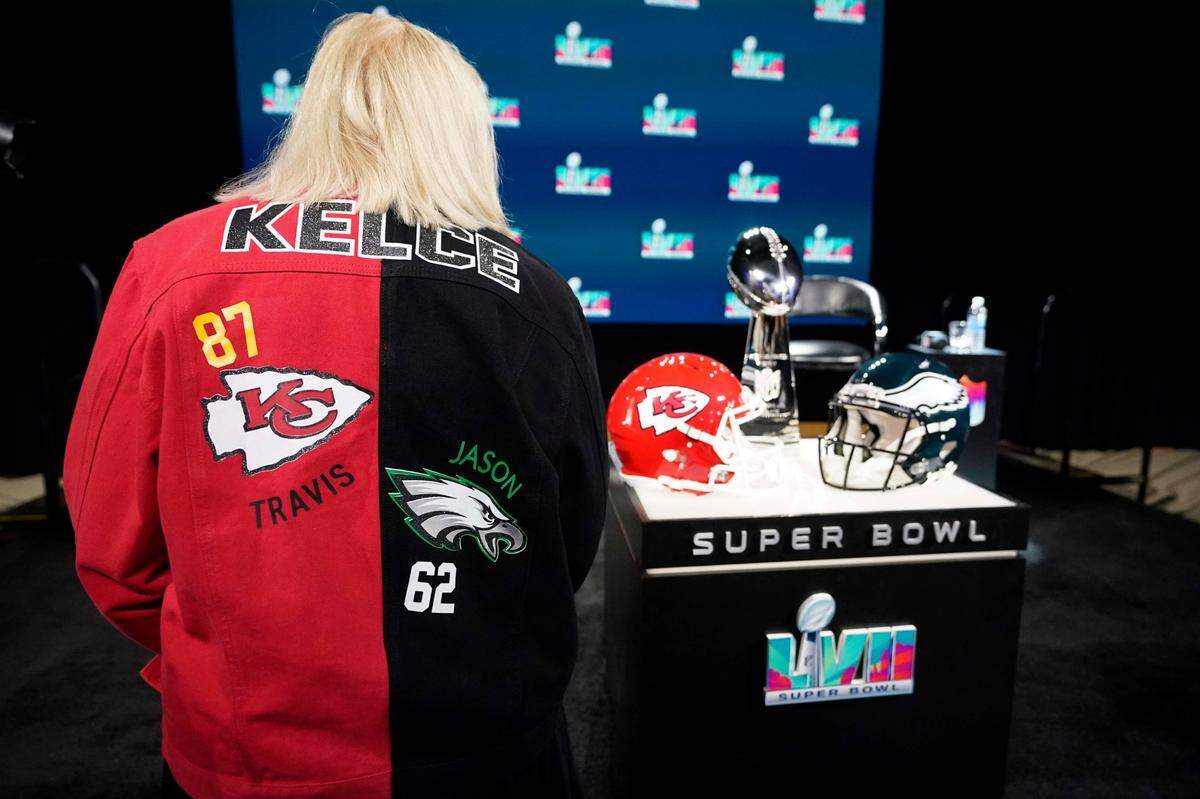 Donna Kelce, mother of Kansas City Chiefs tight end Travis Kelce and Philadelphia Eagles center Jason Kelce, poses during a news conference ahead of the Super Bowl 57 NFL football game, Wednesday, Feb. 8, 2023, in Phoenix. The Kansas City Chiefs will play the Philadelphia Eagles on Sunday.