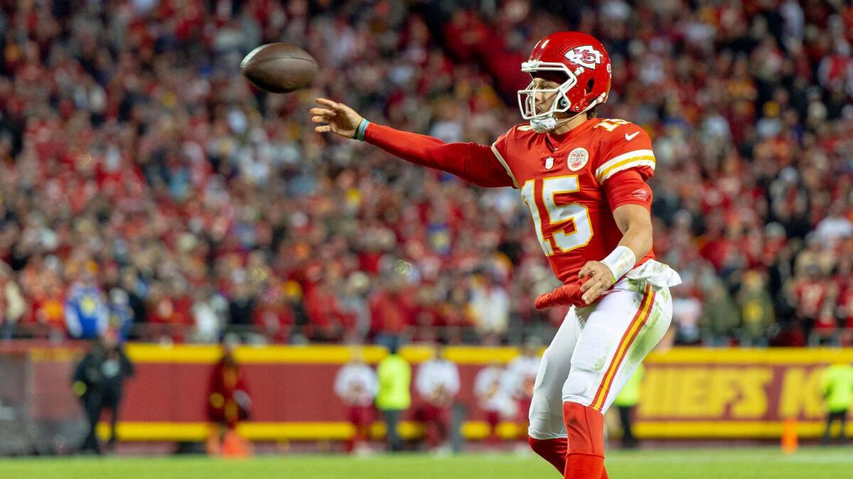 Kansas City Chiefs quarterback Patrick Mahomes (15) throws the ball during an NFL football game against the Los Angeles Rams at Arrowhead Stadium on Sunday, Nov. 27, 2022 in Kansas City.