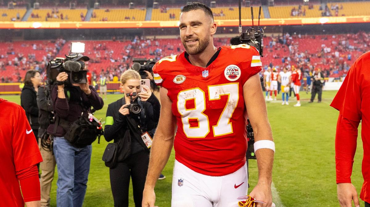 Kansas City Chiefs tight end Travis Kelce (87) smiles after defeating the Los Angeles Chargers 31-17 in an NFL football game at GEHA Field at Arrowhead Stadium on Sunday, Oct. 22, 2023, in Kansas City.