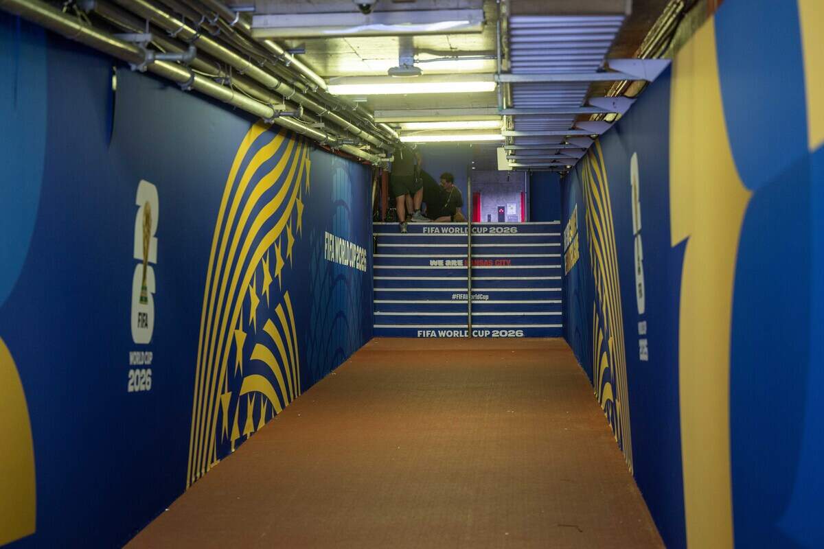The entrance tunnel to the playing pitch at Kansas City Stadium, on Monday, June 8, 2026. This tunnel is normally where Chiefs players enter the field but will be where both teams enter the pitch for World Cup matches.