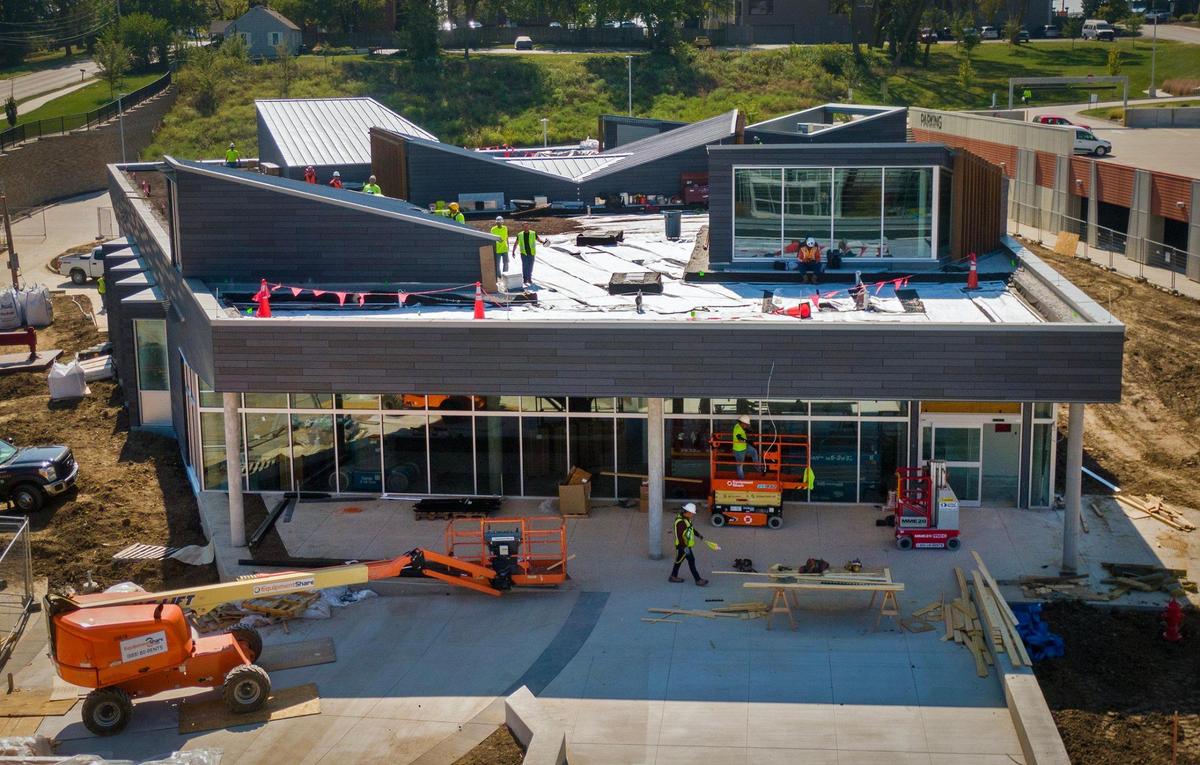 Construction crews from Titan Built of Lenexa work on the new, $13.6 million Merriam Plaza Library on Friday, Sept. 29, 2023, in Merriam. The new Johnson County Library is located on the campus of the Merriam Community Center in the 6000 block of Slater Street. Kansas City-based Dake Wells Architecture designed the 15,000 square foot facility.