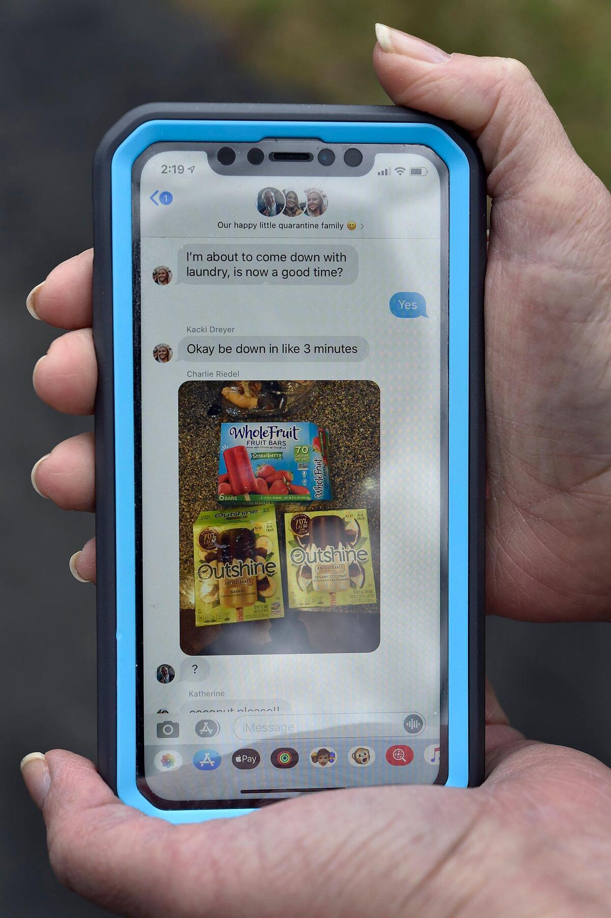 From separate rooms in the Riedel house, Kacki Dreyer and Katherine Riedel communicate with Katherine’s parents via a group chat titled “Happy little quarantine family.”