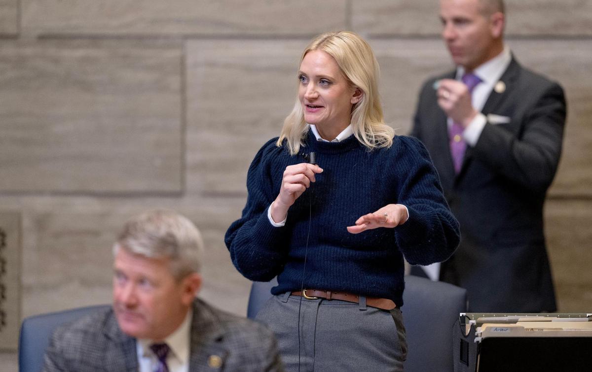 Sen. Lauren Arthur, a Kansas City Democrat, speaks on the Senate floor on Wednesday, Feb. 21, 2024, in Jefferson City.