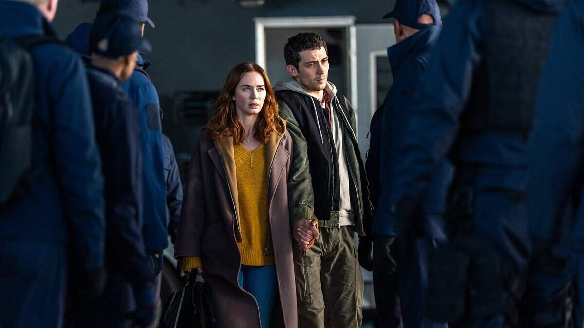 Emily Blunt, left, and Josh O'Connor in "Disclosure Day,” Steven Spielbergs’s new movie that takes place in a fictionalized Kansas City.