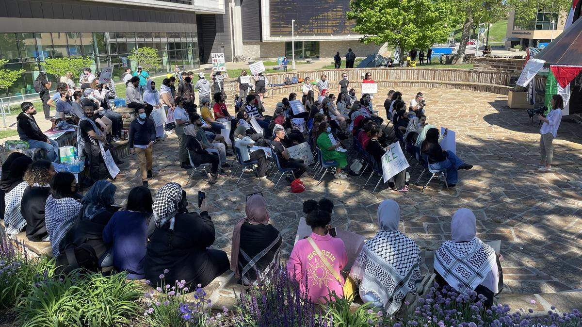 Protesters gathered Monday on the campus of the University of Missouri - Kansas City where they denounced the war in Gaza that has left thousands dead.