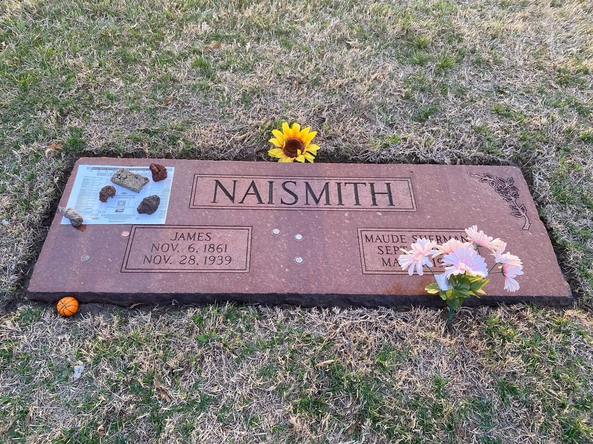 James Naismith’s grave marker as March Madness gets underway this week.