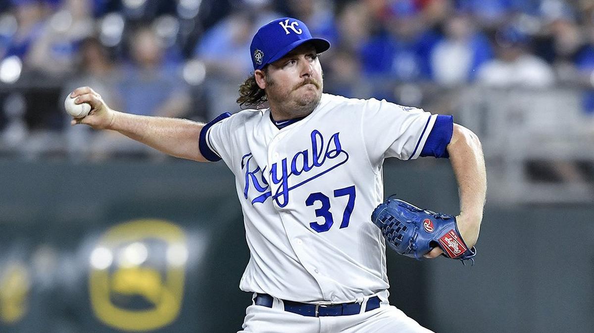 Kansas City Royals relief pitcher Brandon Maurer throws in the seventh inning against the Texas Rangers on June 19, 2018, at Kauffman Stadium in Kansas City, Mo.