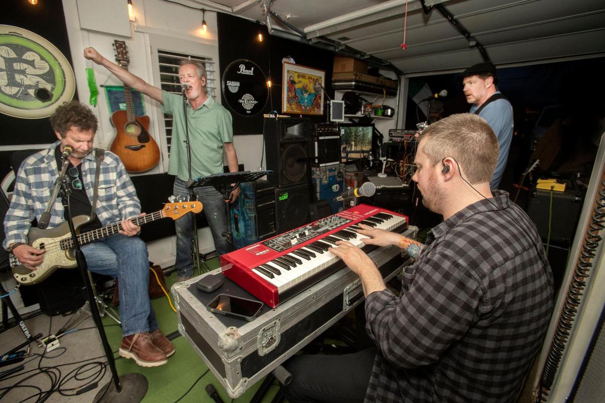 The Elders at rehearsal, from left: vocalist and bass guitarist Norm Dahlor, singer Ian Byrne, keyboardist Daniel Loftus and vocalist and guitarist Bill Latas.