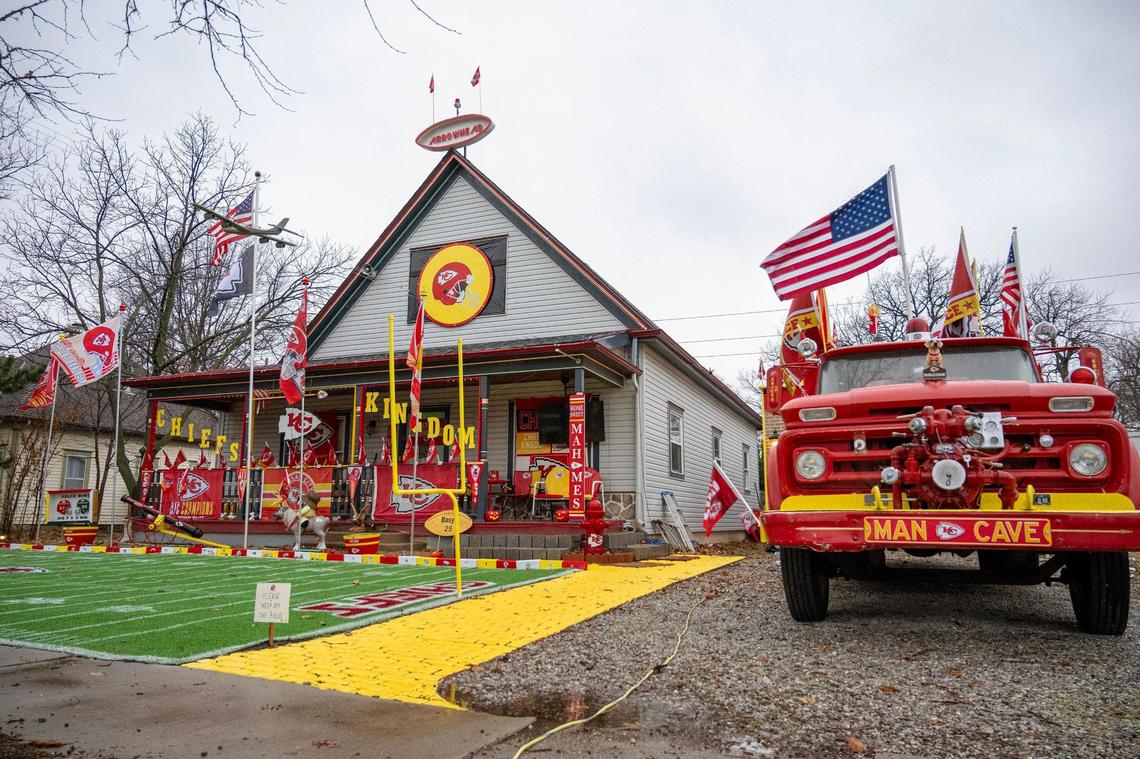 The home of Dennis Basye, a devoted Kansas City Chiefs super fan, is adorned with a Chiefs-themed decor on Sunday, Feb. 4, 2024, in Sedgwick, Kansas. Basye, who has been collecting Chiefs merchandise for five years, annually enhances his house display with new additions.