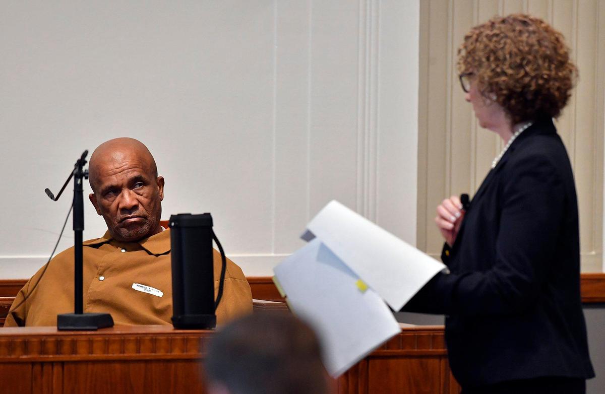 Ronald Richardson, left, the former husband of the late Cynthia Douglas, testifies Tuesday during the evidentiary hearing regarding the innocence of Kevin Strickland, who has been incarcerated for the past 43 years. Strickland has denied any involvement in the 1978 triple murder in Kansas City for which he remains imprisoned. Douglas was the only eyewitness of the murders.