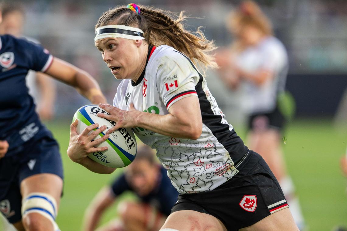 A Canadian player runs into the end zone for a score in the USA vs. Canada rugby match at CPKC Stadium on Friday, May 2, 2025. Canada won the match 26-14.