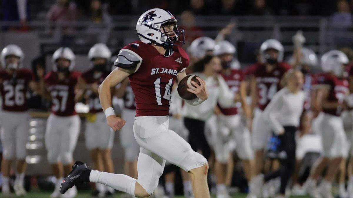 John Hornback jets for a 73-yard touchdown to cap St. James Academy’s 24-0 win in its new stadium on Friday night.
