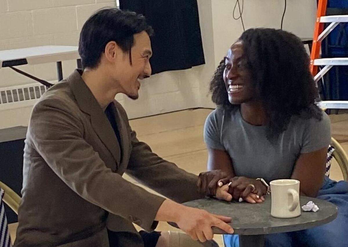 James Chen (Cyrano) and Ito Aghayere (Roxane) rehearse for “Cyrano de Bergerac,” Kansas City Repertory Theatre’s season opener that will run Sept. 5-24 at Spencer Theatre.