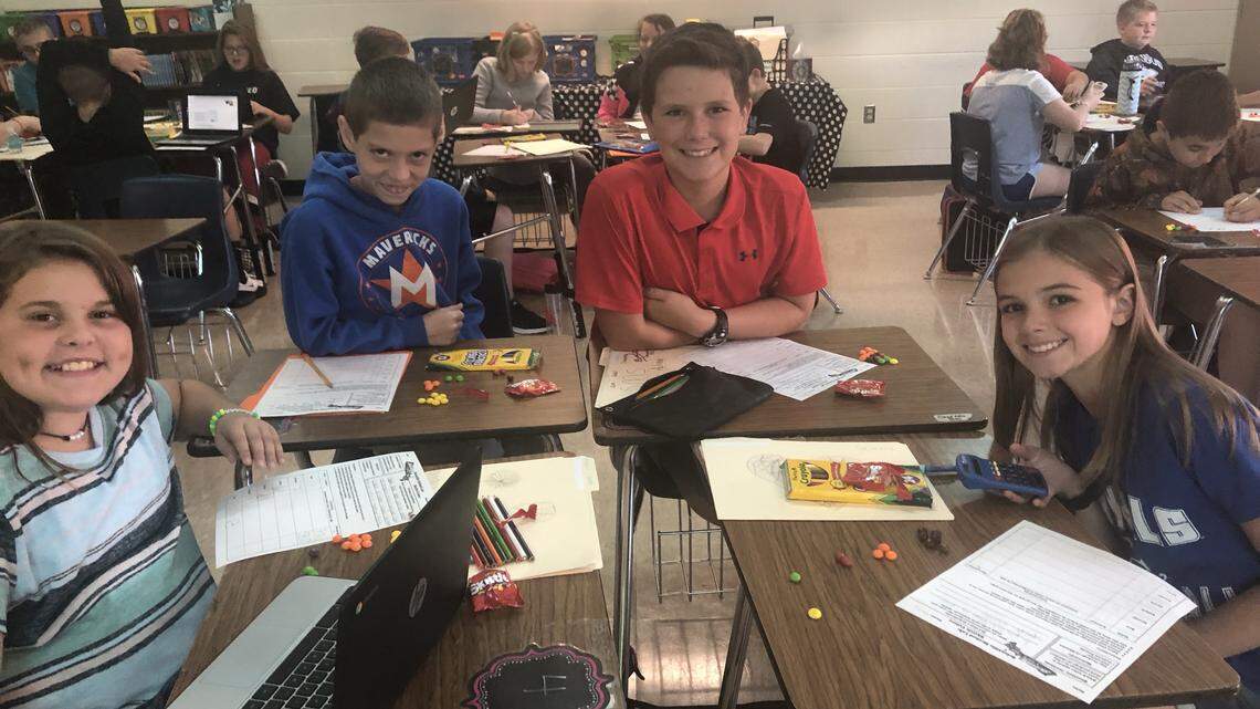 Sixth-grade students working on their Skittles lab included, from left, Ashlee West, Braden Mitchell, Brett Gurney and Haley Mannino.